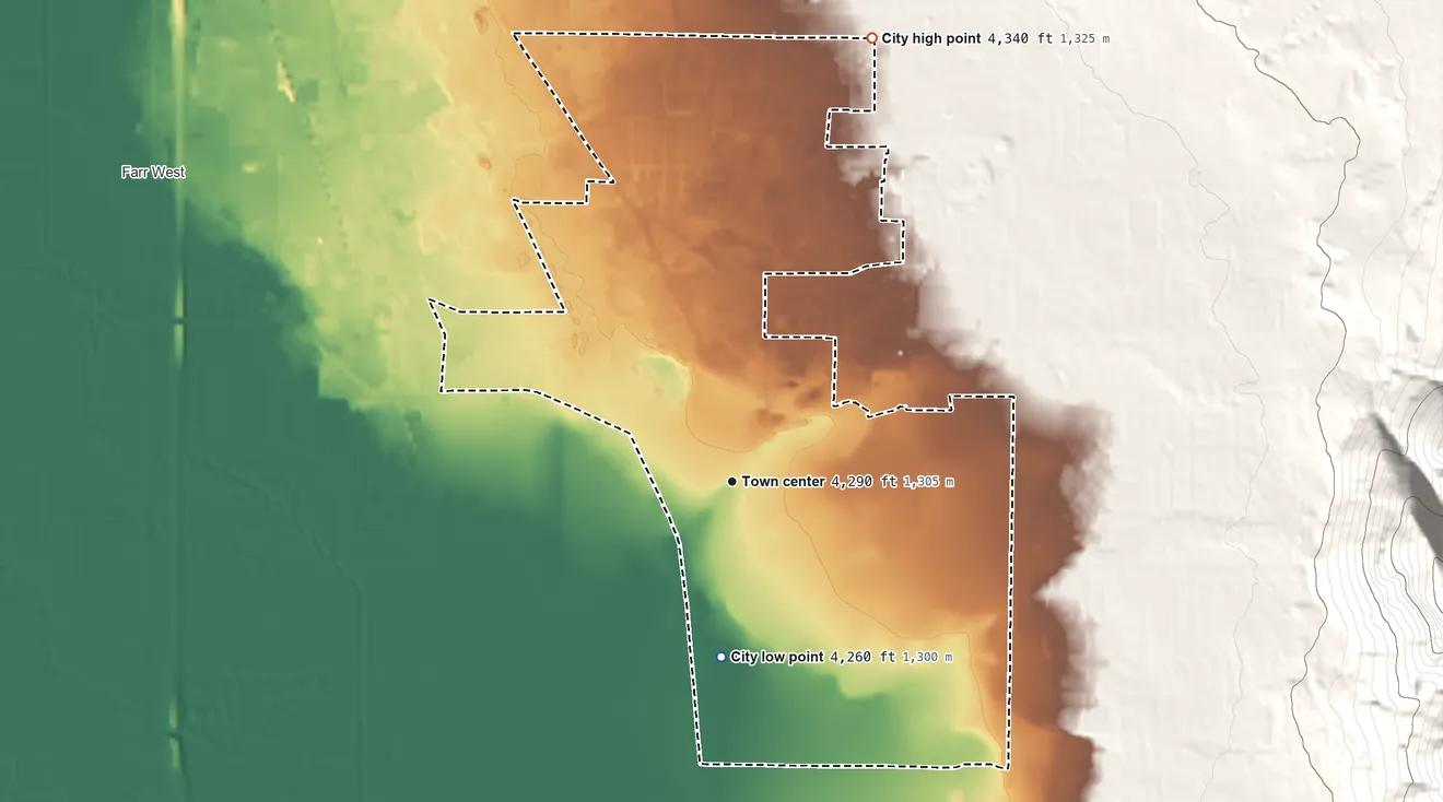 Topographic elevation map of Harrisville, Utah, shaded from 4,260 ft on the south side to 4,340 ft on the north edge, below higher ground just outside