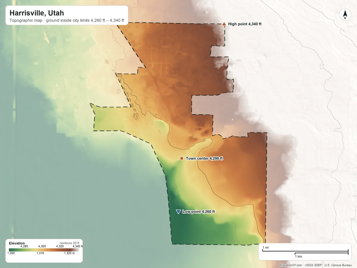 Topographic elevation map of Harrisville, Utah, shaded from 4,260 ft on the south side to 4,340 ft on the north edge, below higher ground just outside