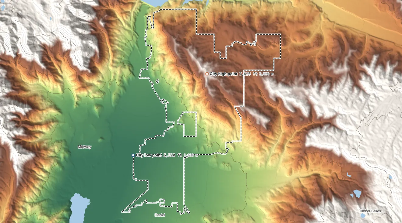 Topographic elevation map of Heber, Utah, shaded from 5,520 ft on the west side to 7,620 ft on the northeast side