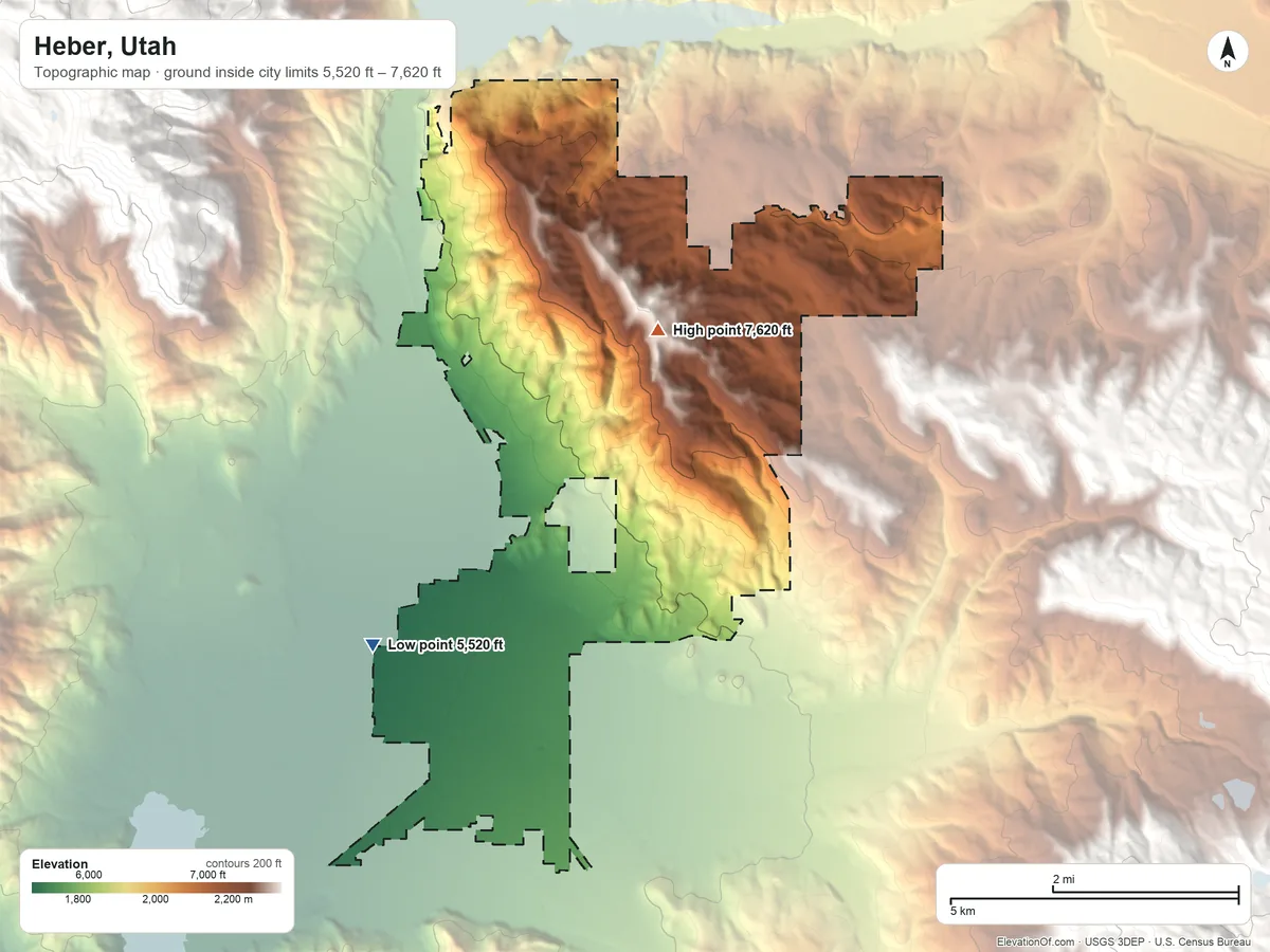 Topographic elevation map of Heber, Utah, shaded from 5,520 ft on the west side to 7,620 ft on the northeast side