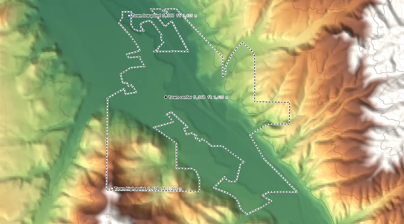 Topographic elevation map of Henefer, Utah, shaded from 5,300 ft on the northwest side to 6,420 ft on the southwest side