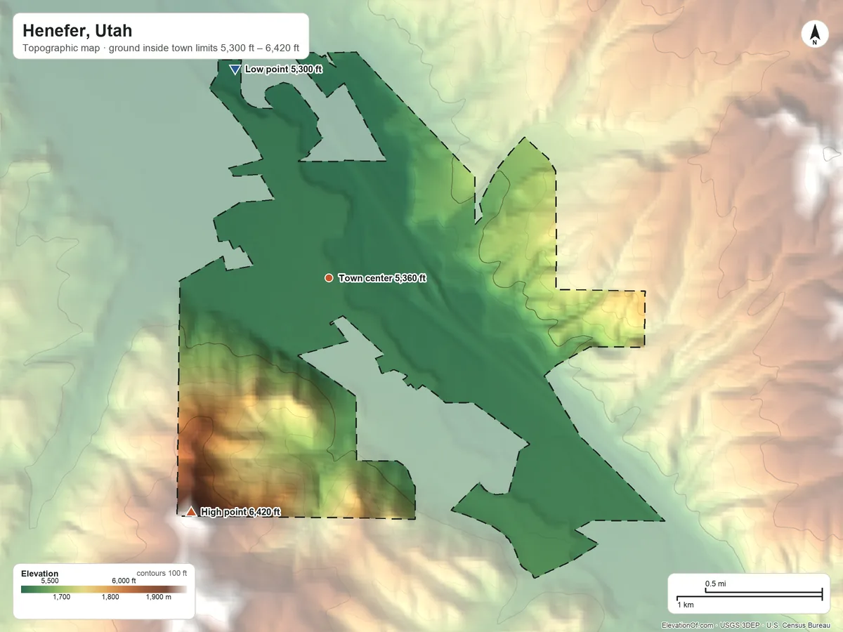 Topographic elevation map of Henefer, Utah, shaded from 5,300 ft on the northwest side to 6,420 ft on the southwest side