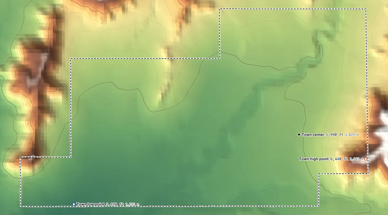 Topographic elevation map of Henrieville, Utah, shaded from 5,890 ft on the west side to 6,440 ft on the east side