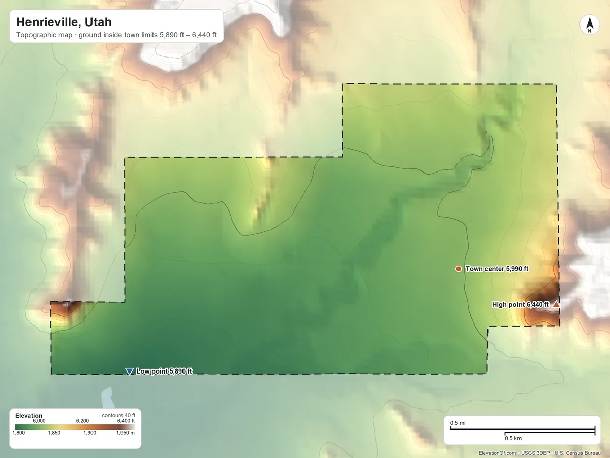 Topographic elevation map of Henrieville, Utah, shaded from 5,890 ft on the west side to 6,440 ft on the east side