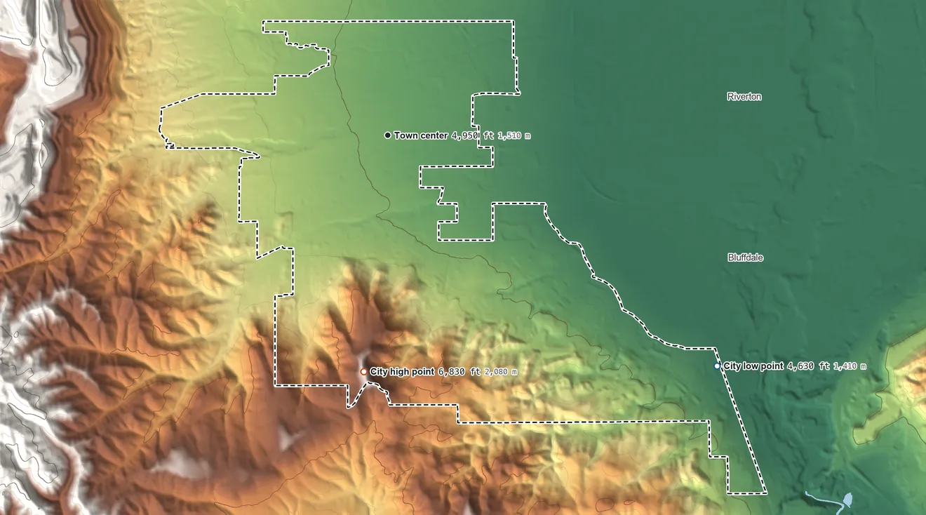 Topographic elevation map of Herriman, Utah, shaded from 4,630 ft on the southeast side to 6,827 ft on South Mountain