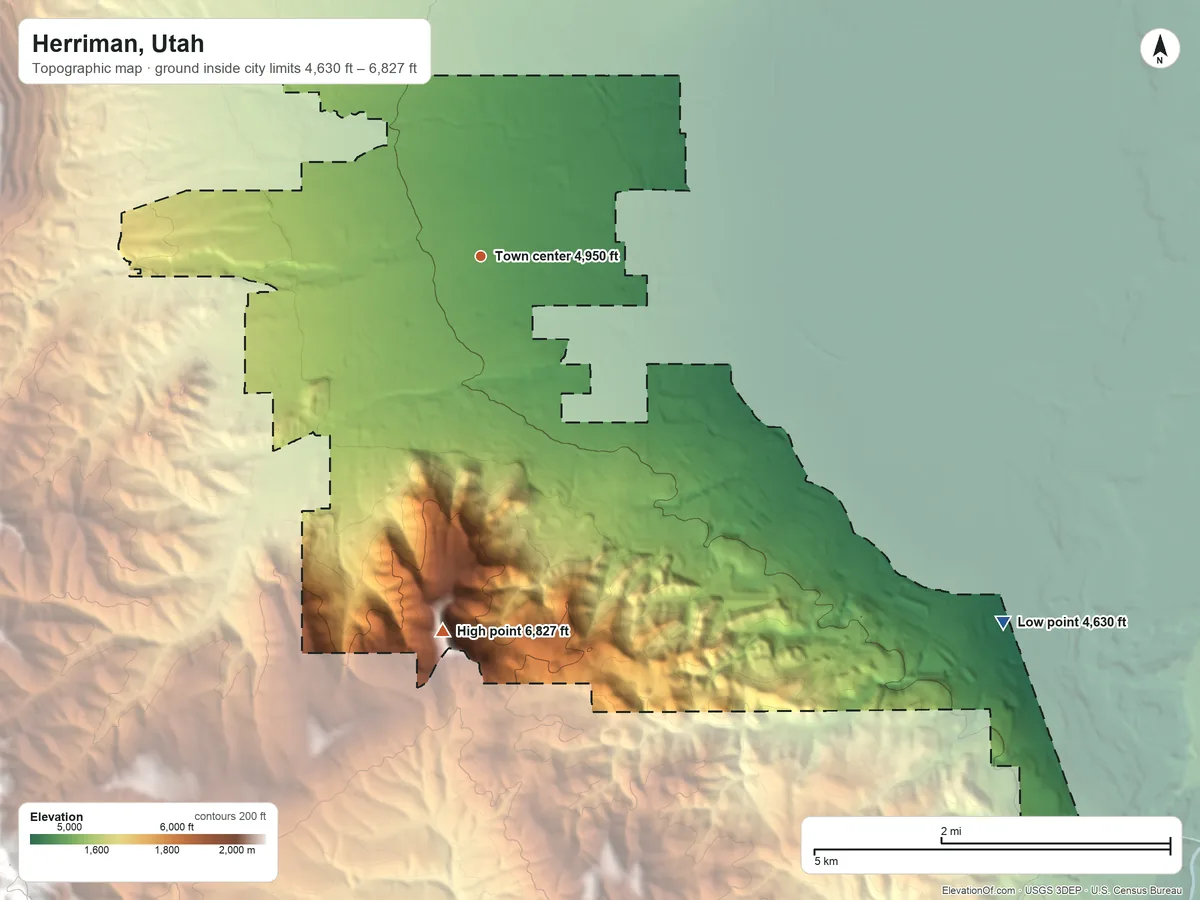 Topographic elevation map of Herriman, Utah, shaded from 4,630 ft on the southeast side to 6,827 ft on South Mountain