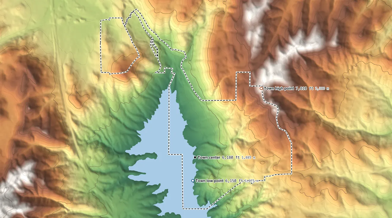 Topographic elevation map of Hideout, Utah, shaded from 6,150 ft near the middle to 7,810 ft on the northeast side