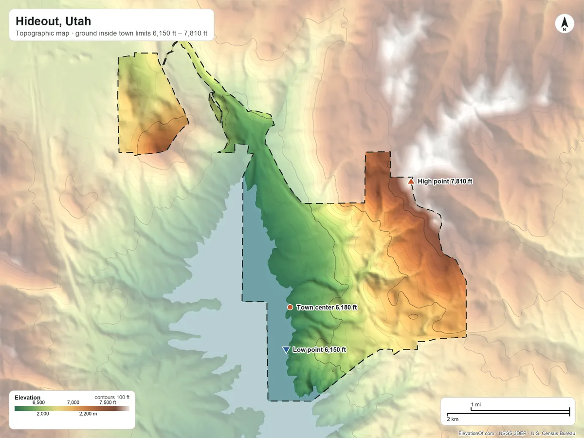 Topographic elevation map of Hideout, Utah, shaded from 6,150 ft near the middle to 7,810 ft on the northeast side