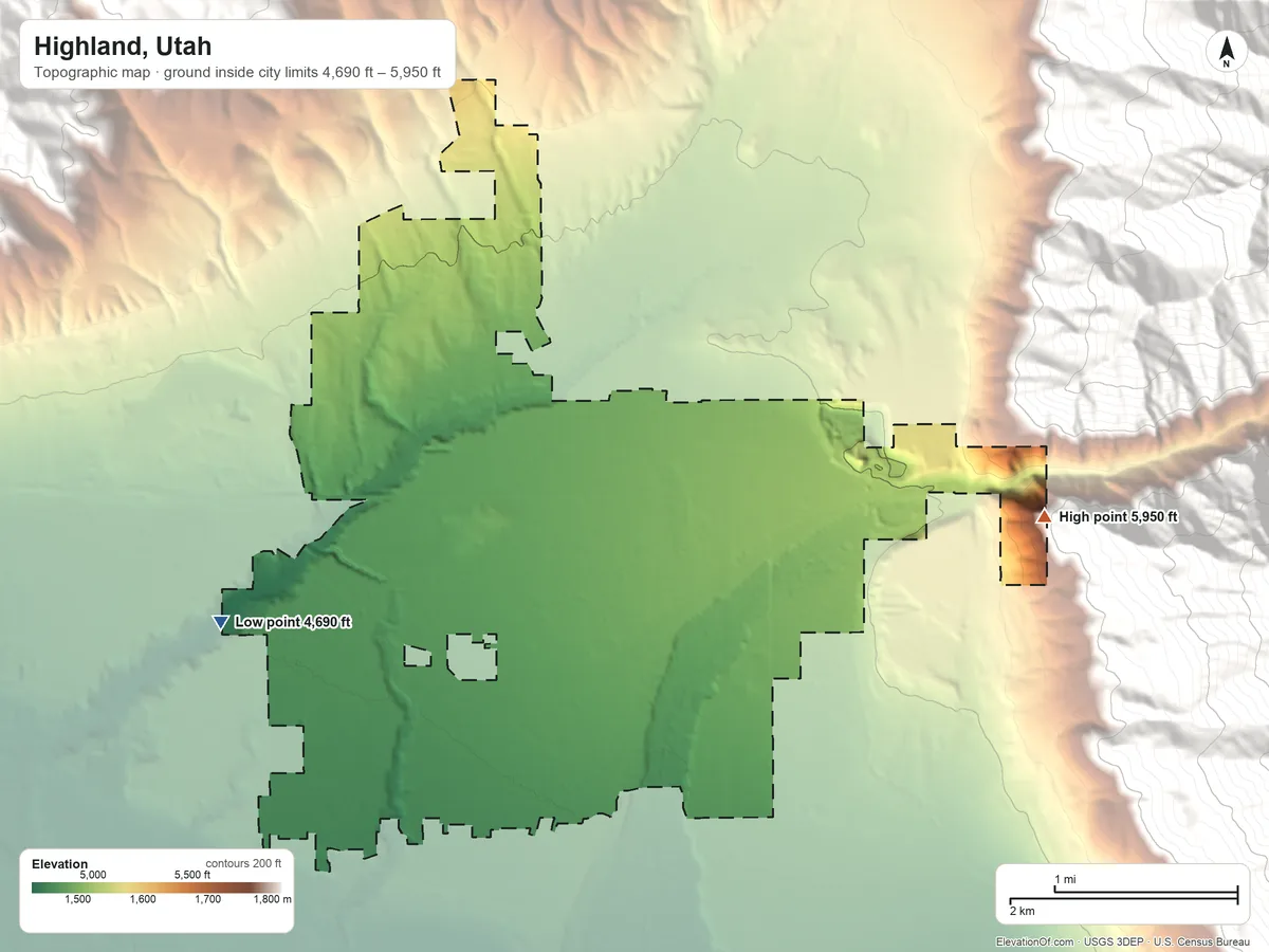 Topographic elevation map of Highland, Utah, shaded from 4,690 ft on the west side to 5,950 ft at the foot of the Traverse Mountains