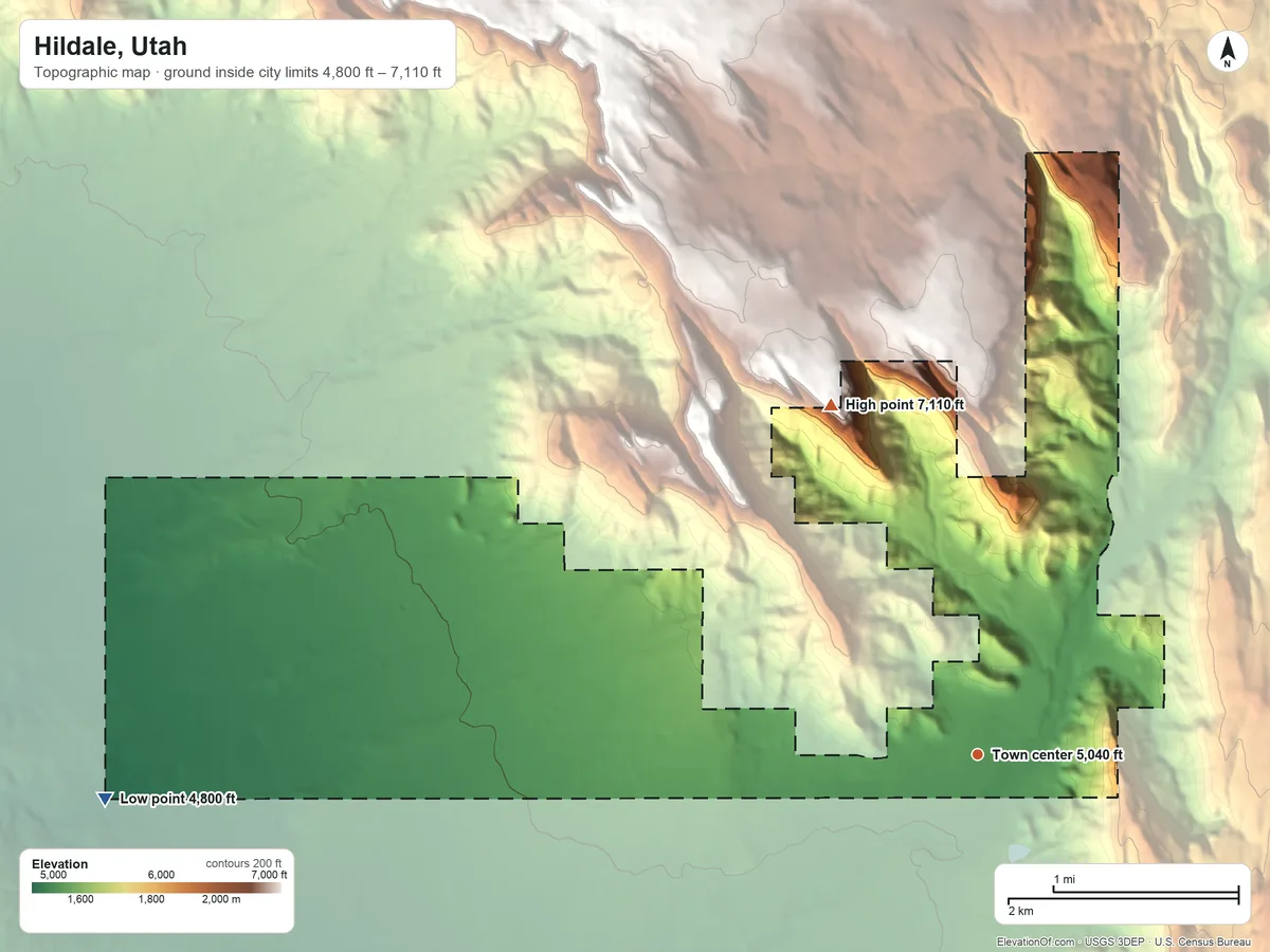 Topographic elevation map of Hildale, Utah, shaded from 4,800 ft on the west side to 7,110 ft on the northwest side