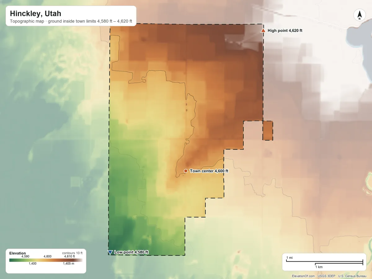 Topographic elevation map of Hinckley, Utah, shaded from 4,580 ft on the southwest side to 4,620 ft on the northeast side