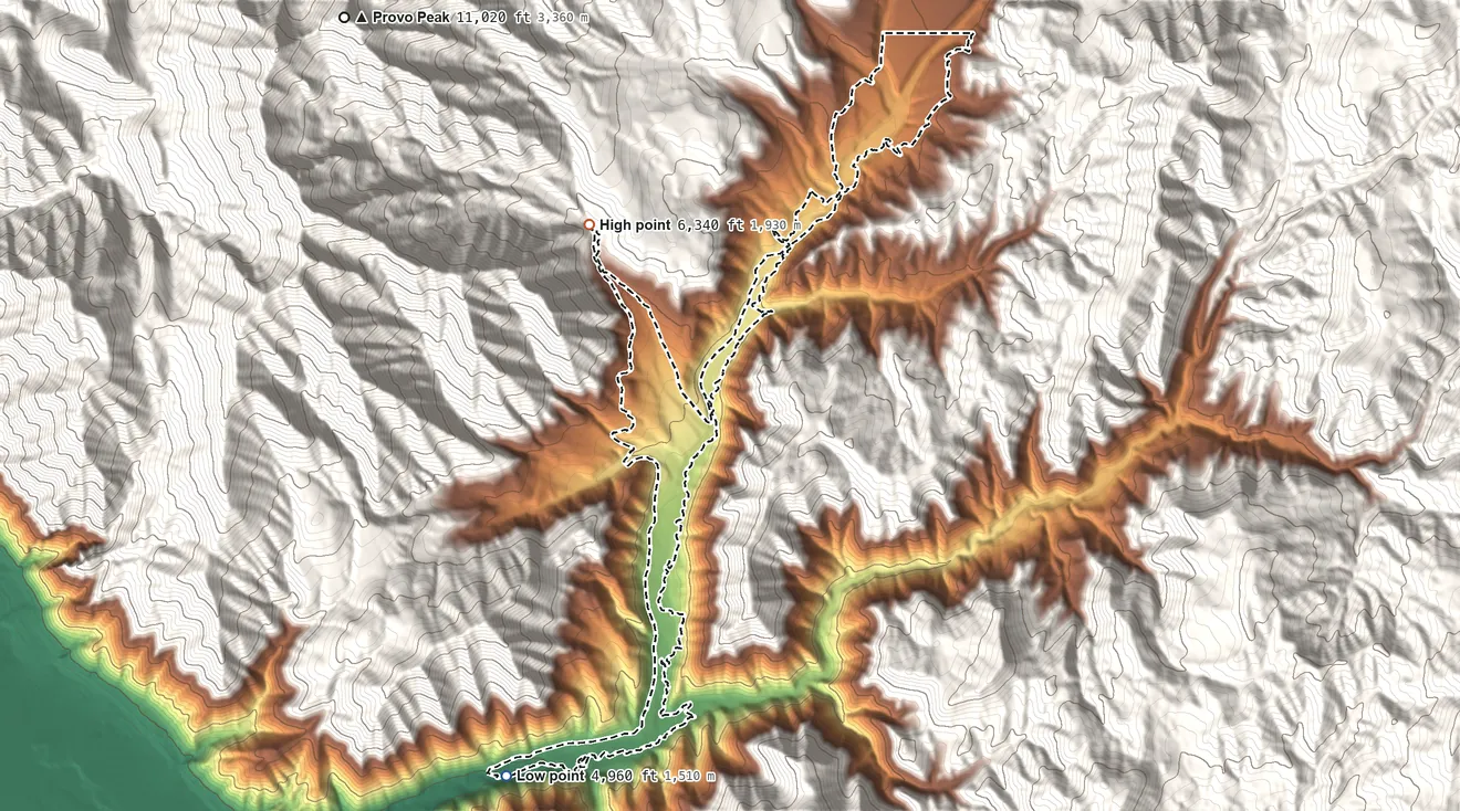 Topographic elevation map of Hobble Creek, Utah, shaded from 4,960 ft on the southwest side to 6,340 ft on the northwest edge, below higher ground just outside