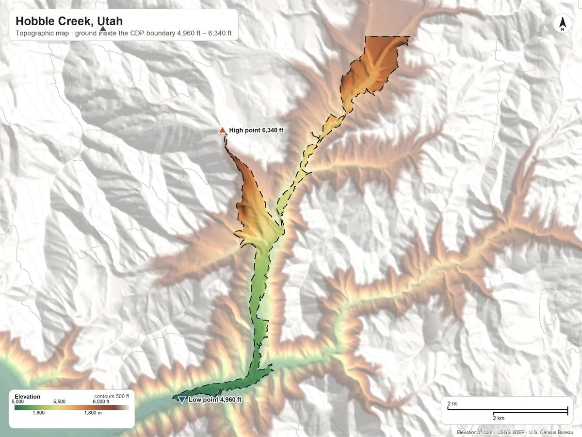 Topographic elevation map of Hobble Creek, Utah, shaded from 4,960 ft on the southwest side to 6,340 ft on the northwest edge, below higher ground just outside