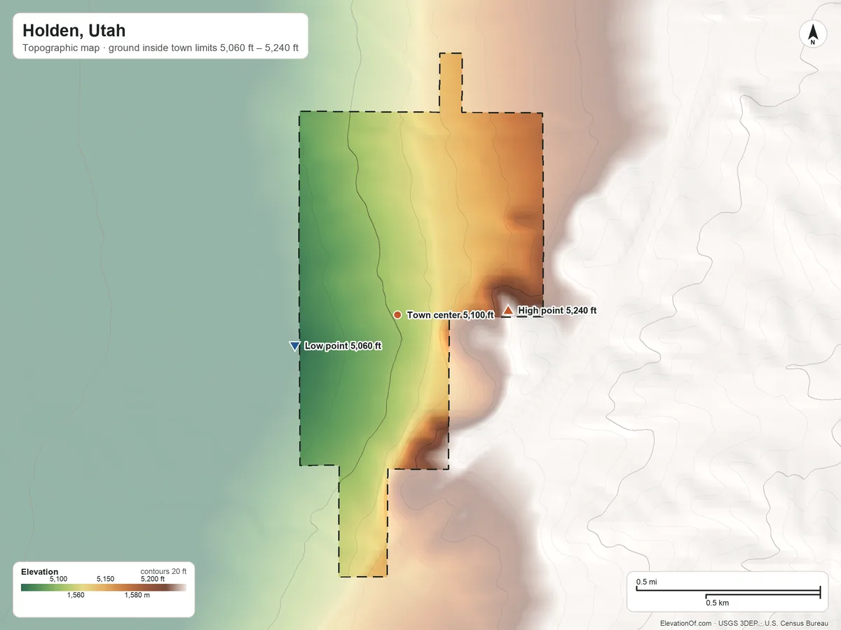 Topographic elevation map of Holden, Utah, shaded from 5,060 ft on the west side to 5,240 ft at the foot of the Church Mountains