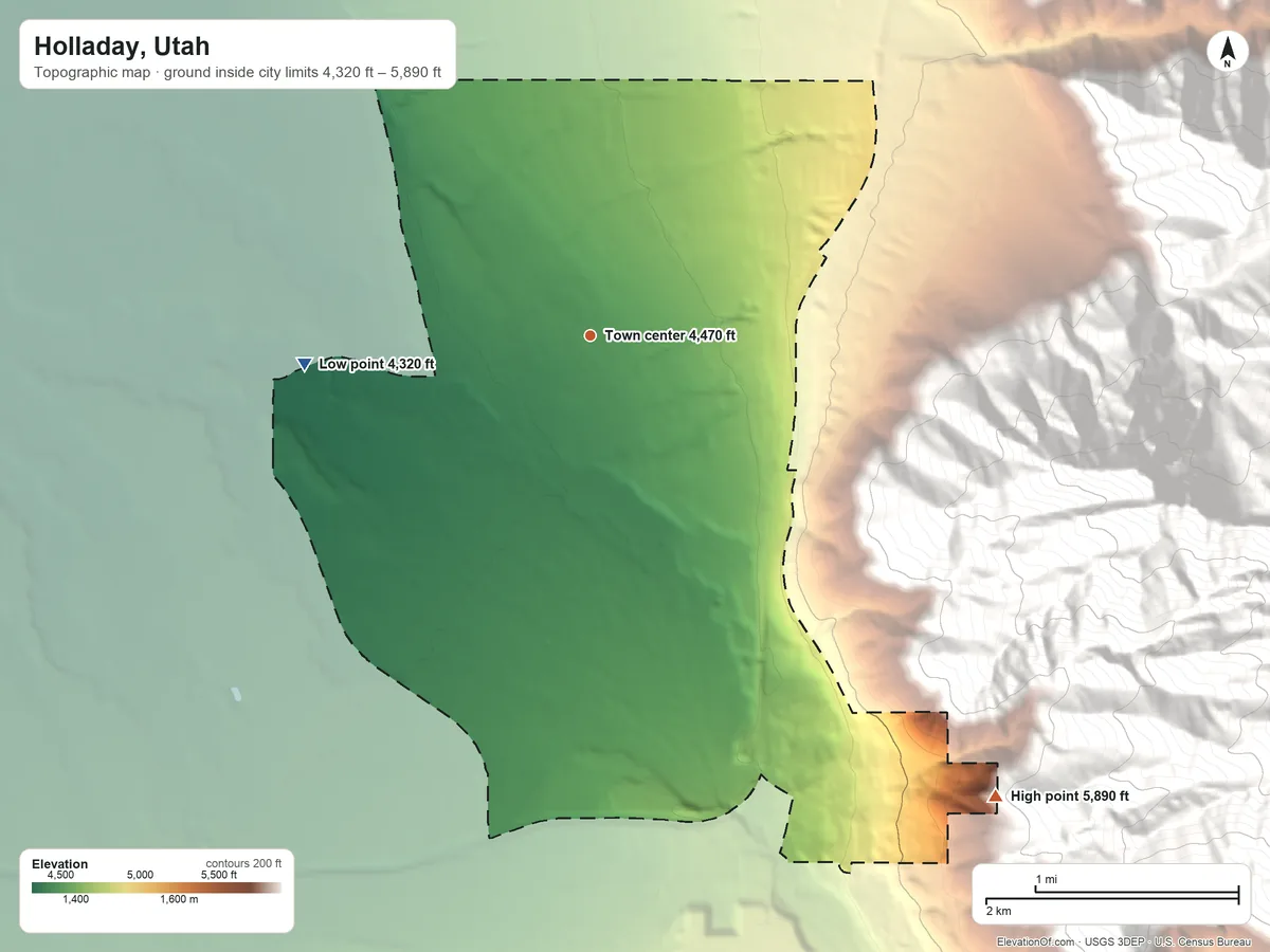 Topographic elevation map of Holladay, Utah, shaded from 4,320 ft on the west side to 5,890 ft on the southeast edge, below higher ground just outside