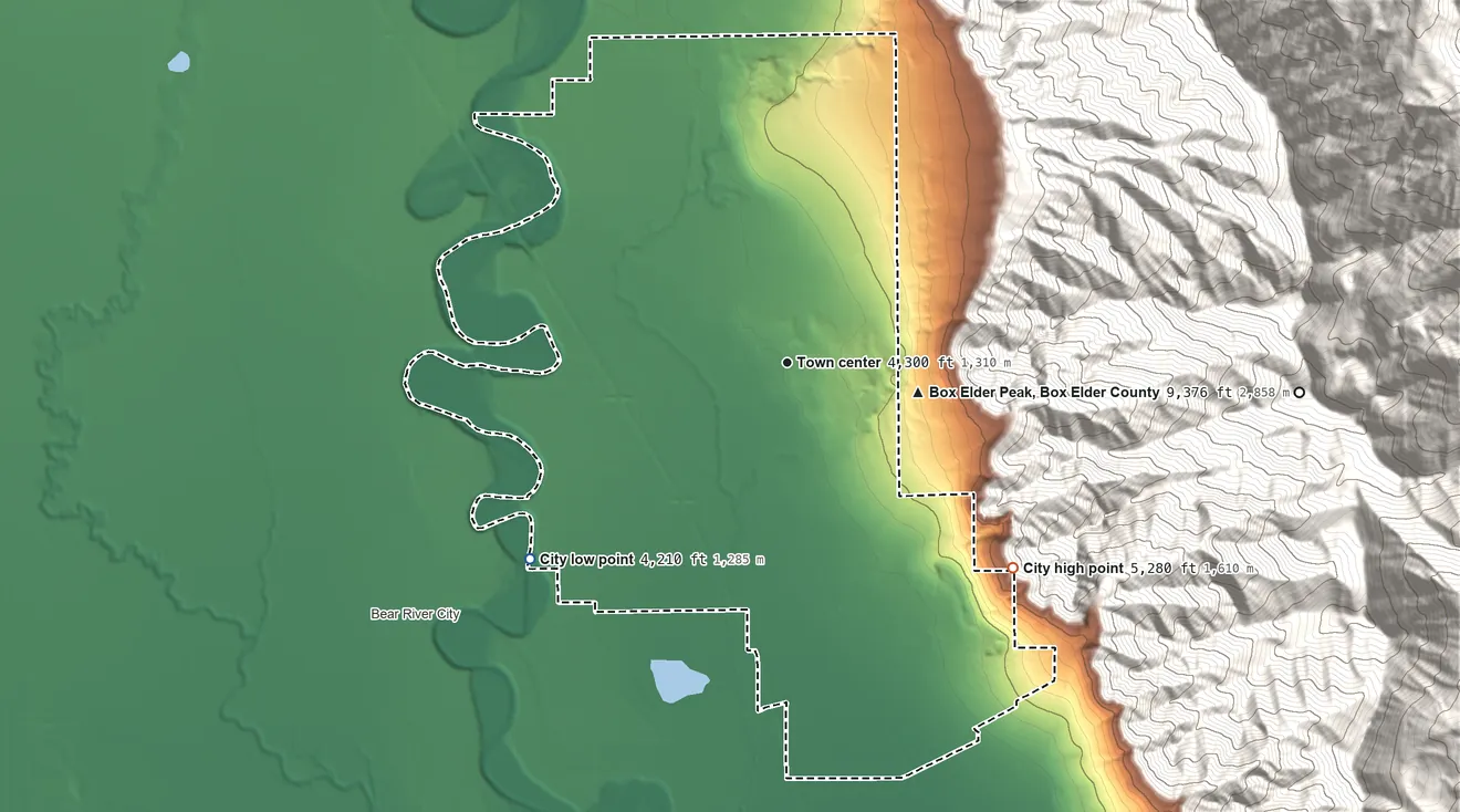 Topographic elevation map of Honeyville, Utah, shaded from 4,210 ft on the southwest side to 5,280 ft at the foot of the Wellsville Mountains