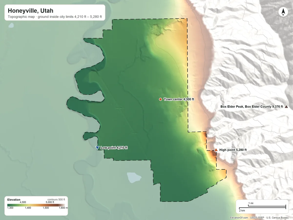 Topographic elevation map of Honeyville, Utah, shaded from 4,210 ft on the southwest side to 5,280 ft at the foot of the Wellsville Mountains