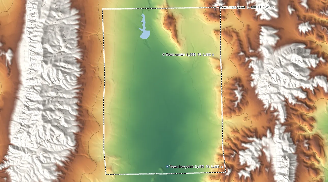Topographic elevation map of Howell, Utah, shaded from 4,450 ft on the south side to 5,480 ft at the foot of the North Promontory Mountains
