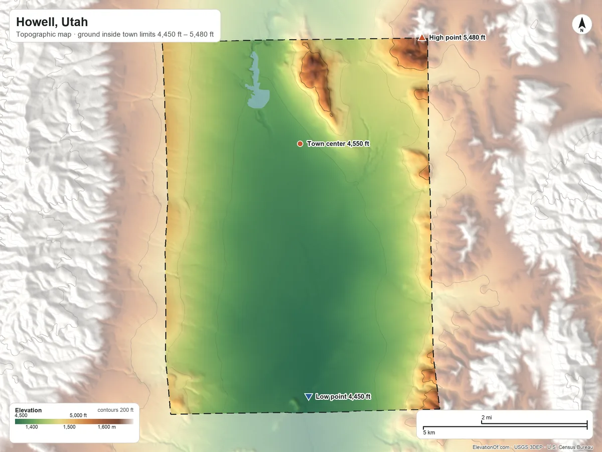 Topographic elevation map of Howell, Utah, shaded from 4,450 ft on the south side to 5,480 ft at the foot of the North Promontory Mountains