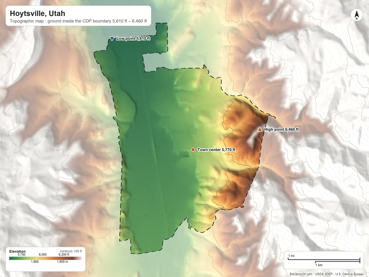 Topographic elevation map of Hoytsville, Utah, shaded from 5,610 ft on the northwest side to 6,460 ft at the foot of the The West Hills
