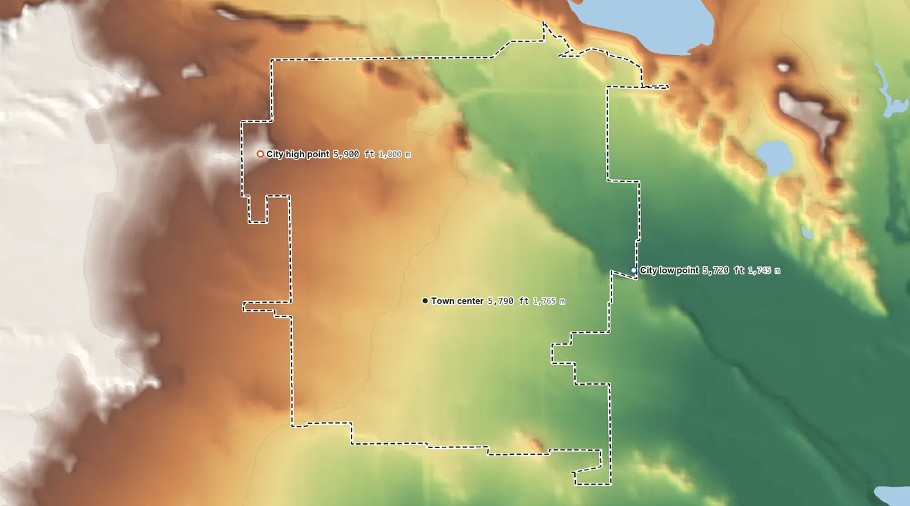 Topographic elevation map of Huntington, Utah, shaded from 5,720 ft on the east side to 5,900 ft on the northwest side