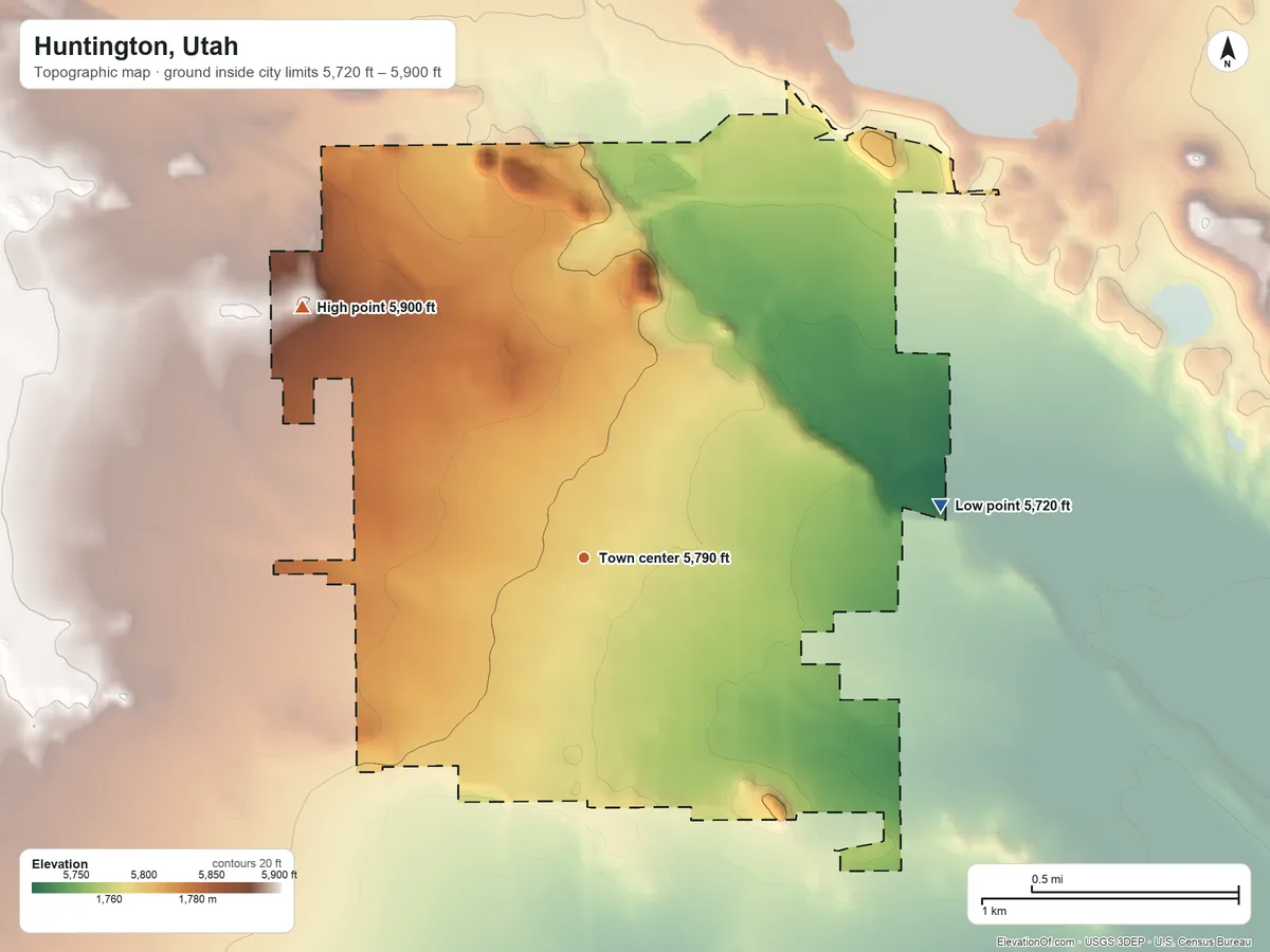 Topographic elevation map of Huntington, Utah, shaded from 5,720 ft on the east side to 5,900 ft on the northwest side