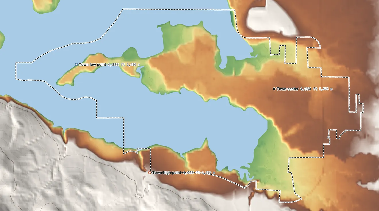 Topographic elevation map of Huntsville, Utah, shaded from 4,880 ft on the west side to 4,960 ft on the southwest edge, below higher ground just outside