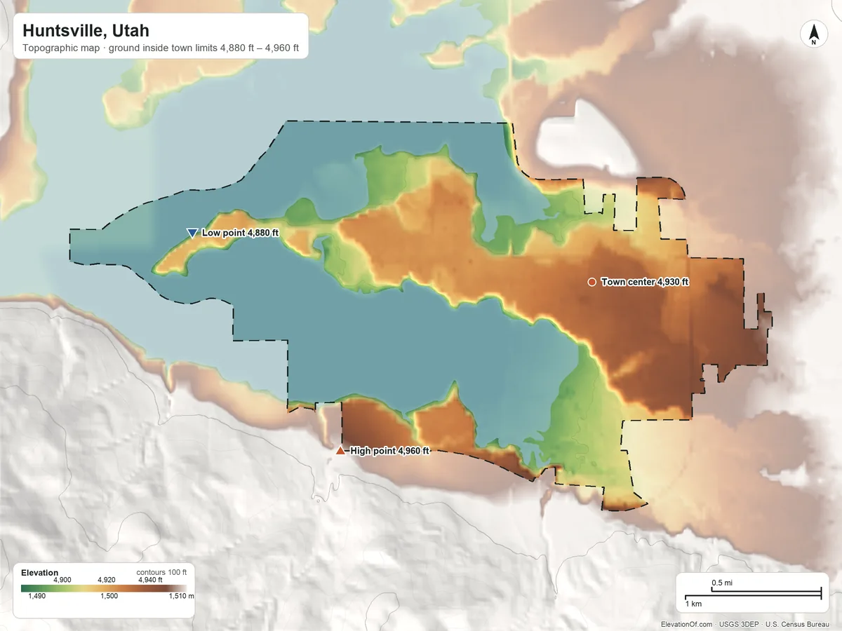 Topographic elevation map of Huntsville, Utah, shaded from 4,880 ft on the west side to 4,960 ft on the southwest edge, below higher ground just outside