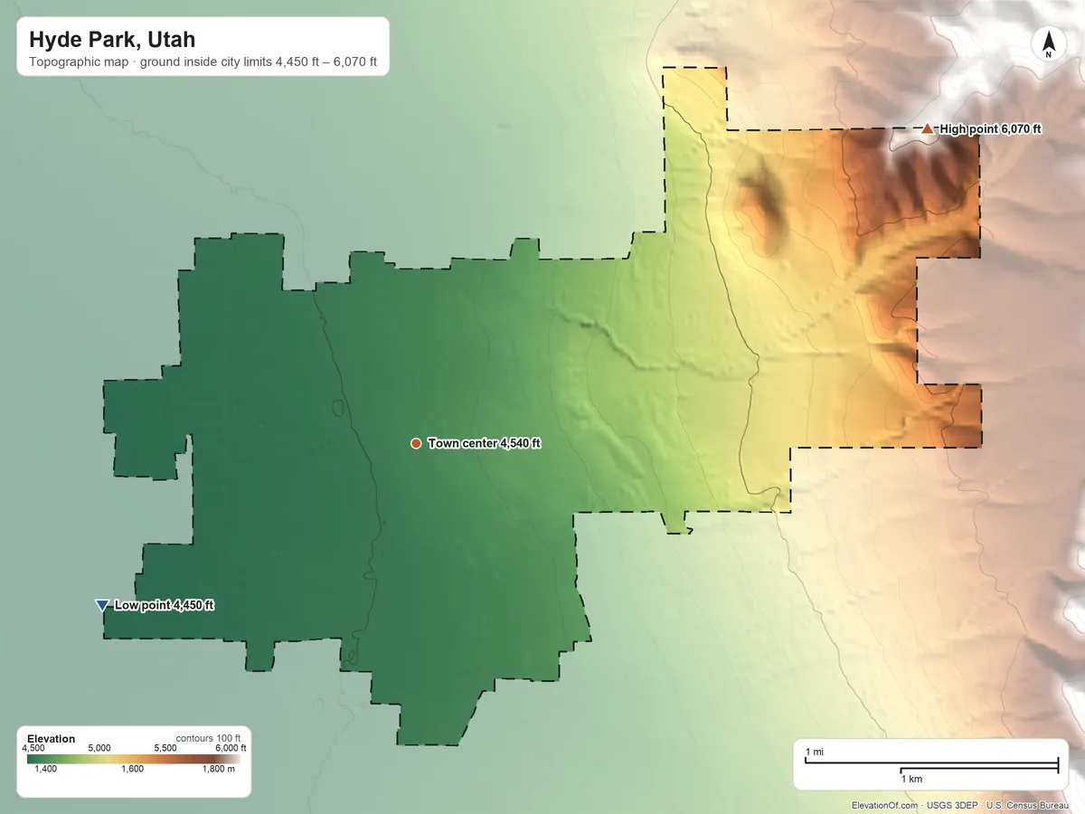 Topographic elevation map of Hyde Park, Utah, shaded from 4,450 ft on the southwest side to 6,070 ft at the foot of the Bear River Range