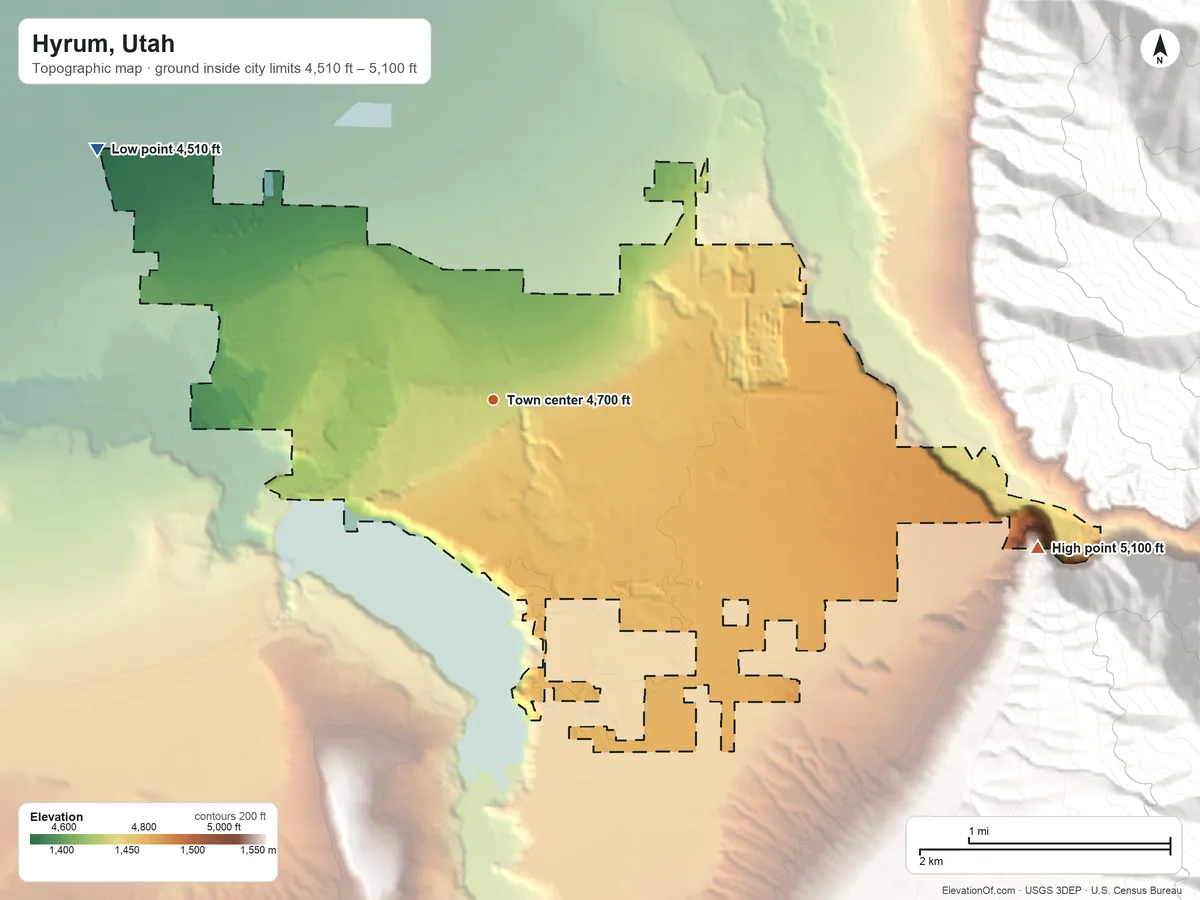 Topographic elevation map of Hyrum, Utah, shaded from 4,510 ft on the northwest side to 5,100 ft at the foot of the Mahogany Range