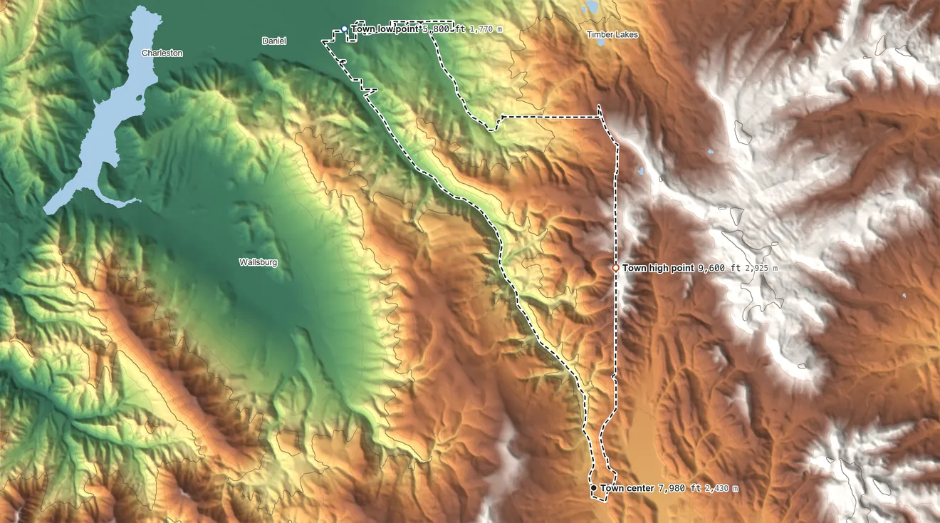 Topographic elevation map of Independence, Utah, shaded from 5,800 ft on the northwest side to 9,600 ft on the north side