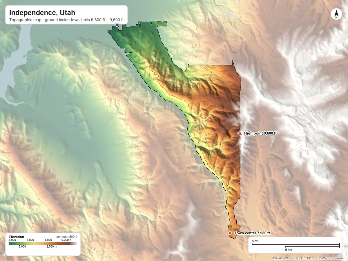 Topographic elevation map of Independence, Utah, shaded from 5,800 ft on the northwest side to 9,600 ft on the north side