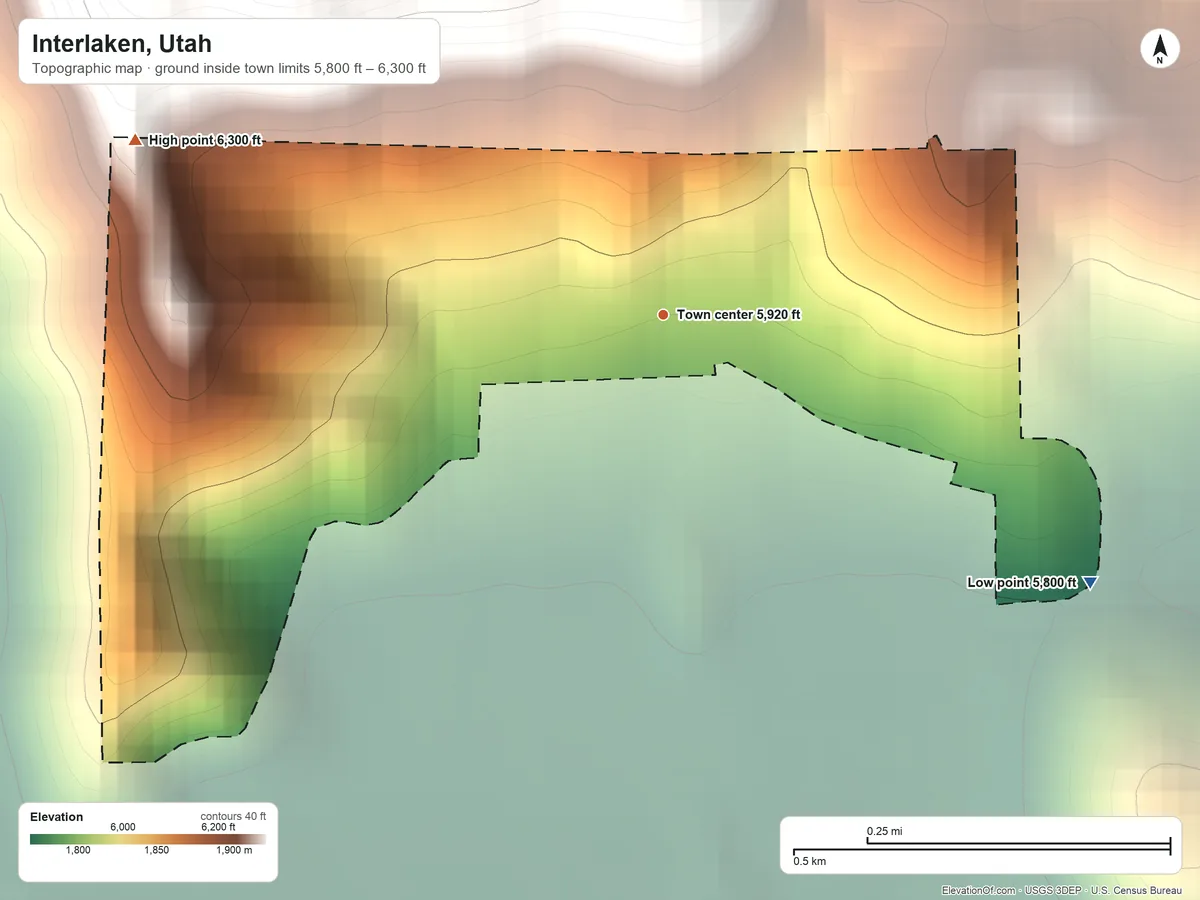 Topographic elevation map of Interlaken, Utah, shaded from 5,800 ft on the southeast side to 6,300 ft at the foot of the The West Hills