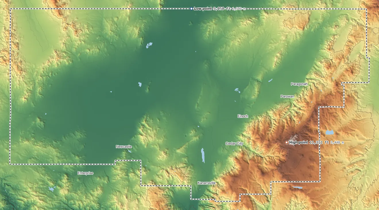 Topographic elevation map of Iron County, Utah, shaded from 5,050 ft on the north side to 11,312 ft on Brian Head