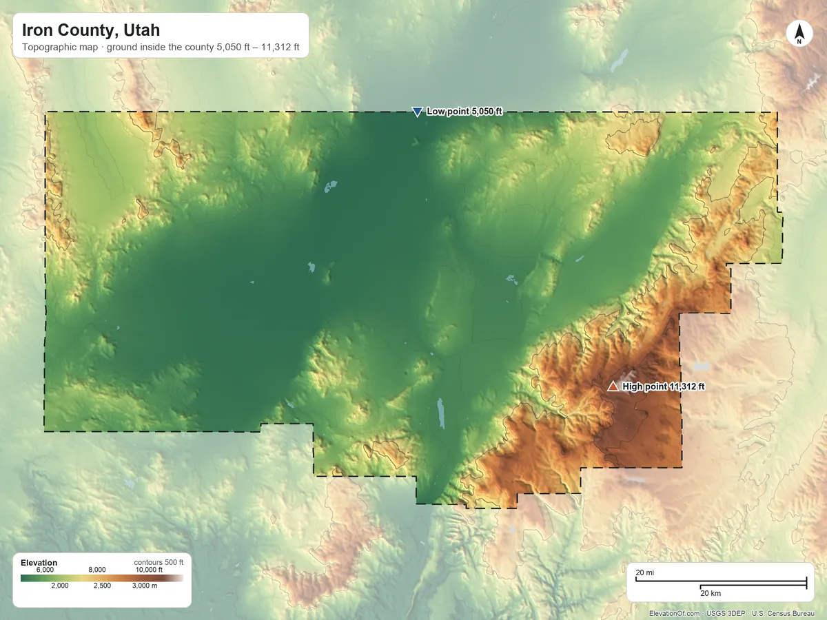 Topographic elevation map of Iron County, Utah, shaded from 5,050 ft on the north side to 11,312 ft on Brian Head