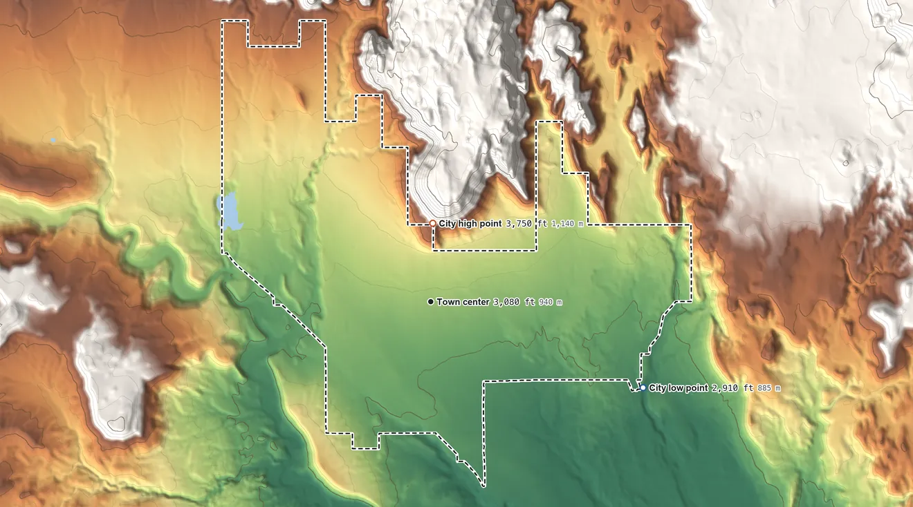 Topographic elevation map of Ivins, Utah, shaded from 2,910 ft on the east side to 3,750 ft at the foot of the Red Mountains