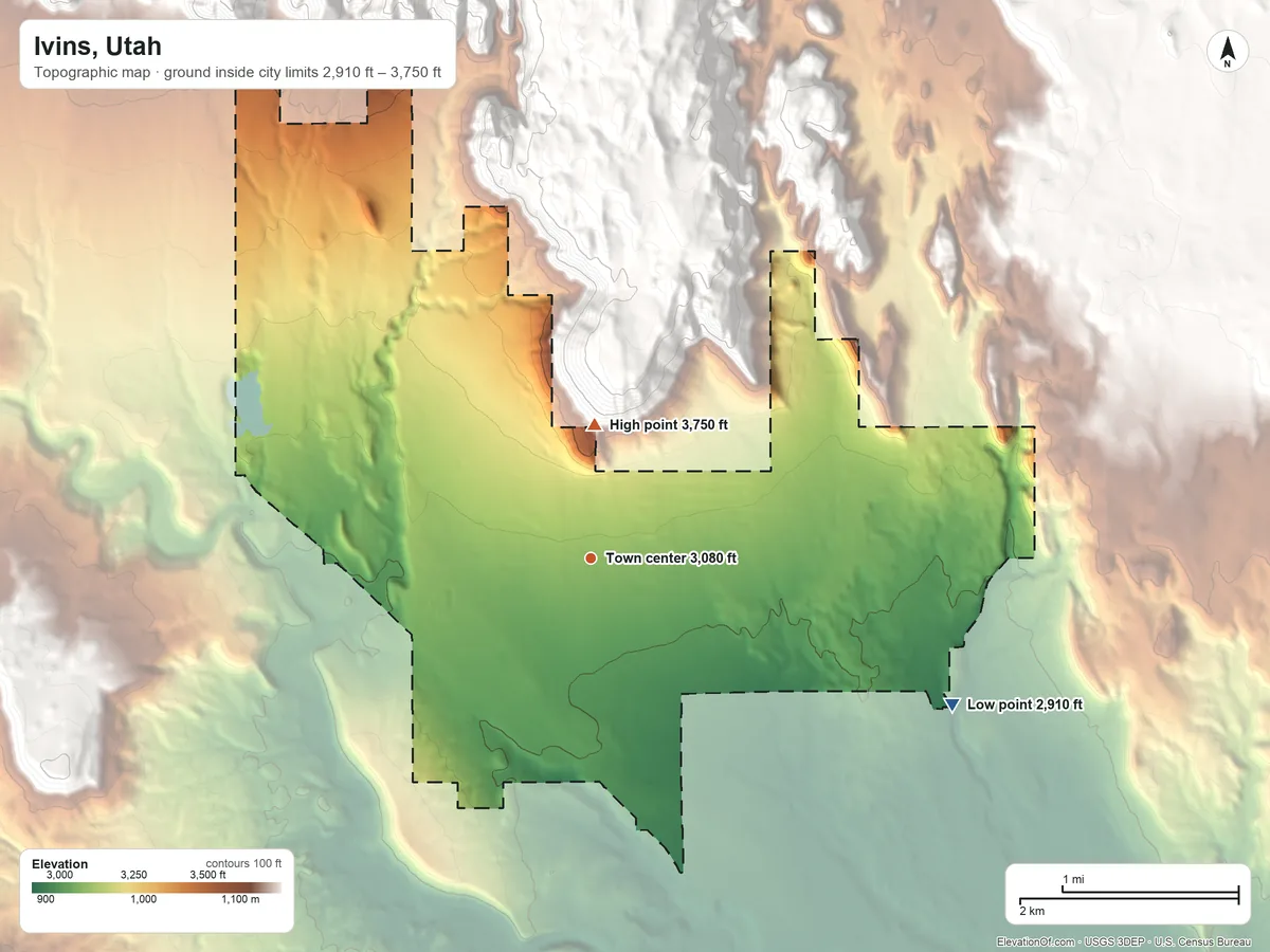 Topographic elevation map of Ivins, Utah, shaded from 2,910 ft on the east side to 3,750 ft at the foot of the Red Mountains