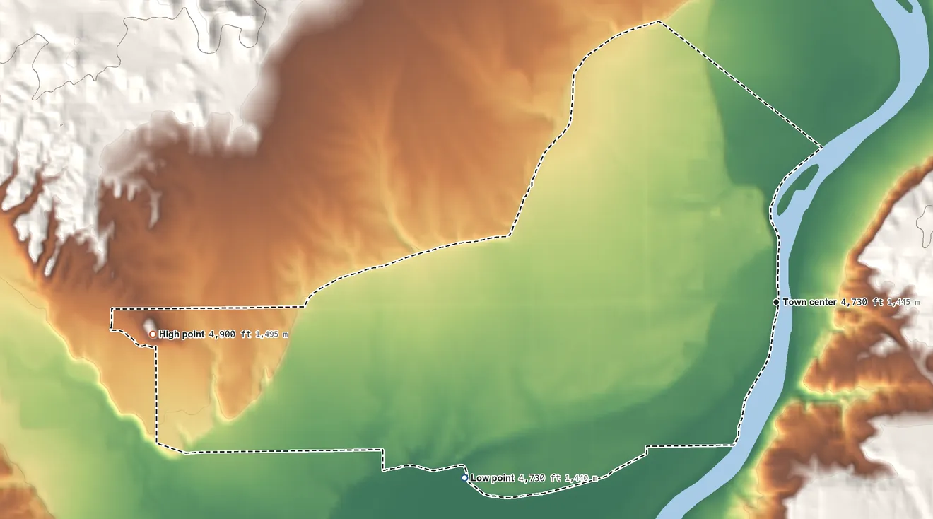 Topographic elevation map of Jensen, Utah, shaded from 4,730 ft on the southwest side to 4,900 ft on the west side