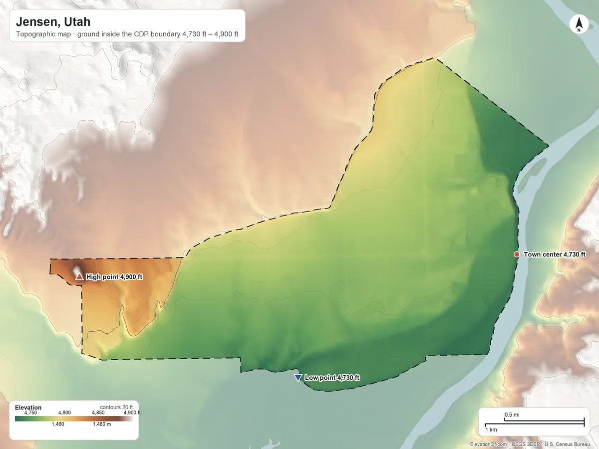 Topographic elevation map of Jensen, Utah, shaded from 4,730 ft on the southwest side to 4,900 ft on the west side