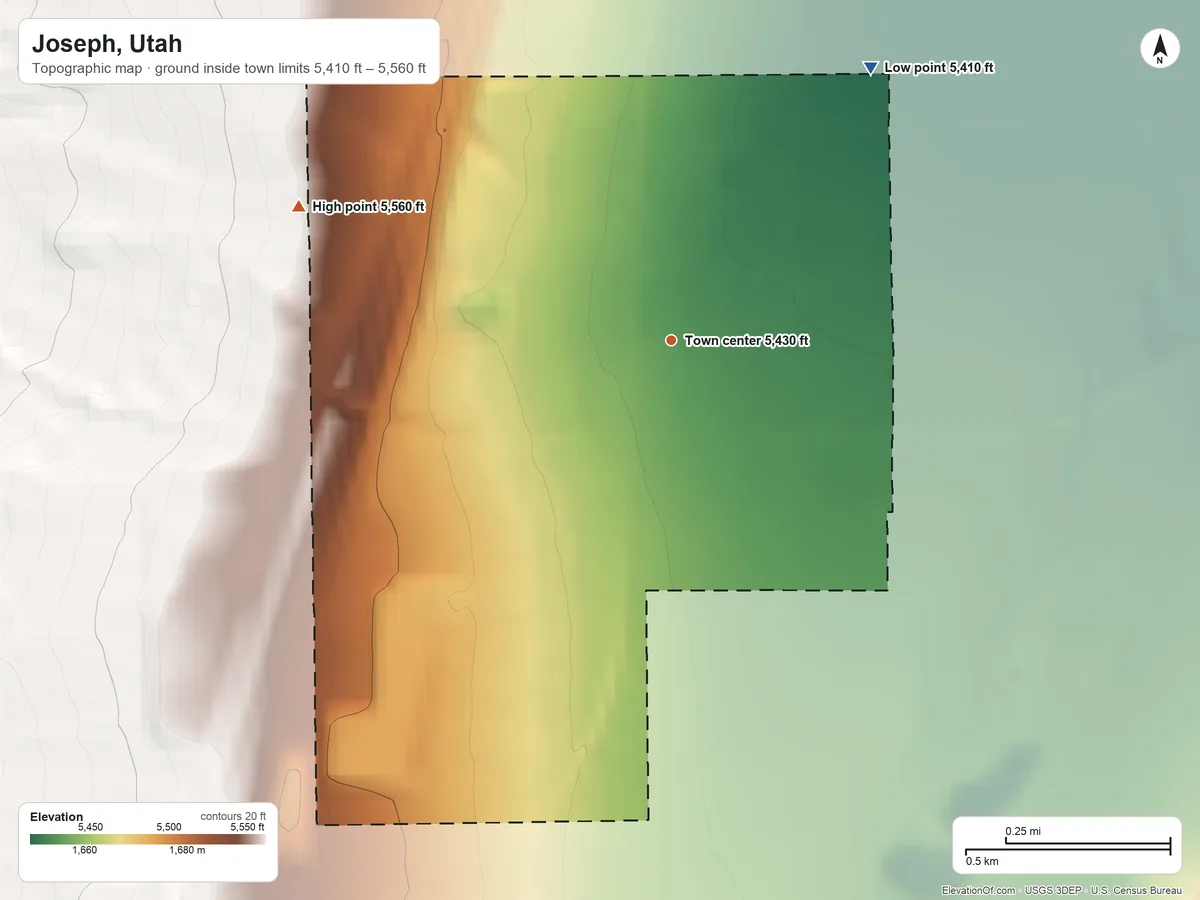Topographic elevation map of Joseph, Utah, shaded from 5,410 ft on the northeast side to 5,560 ft at the foot of the Antelope Range
