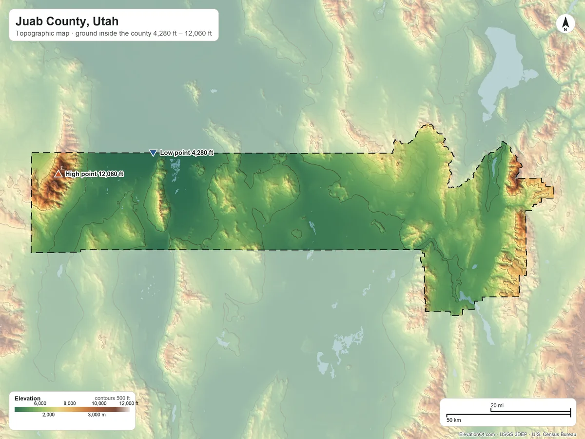 Topographic elevation map of Juab County, Utah, shaded from 4,280 ft on the northwest side to 12,060 ft on Ibapah Peak