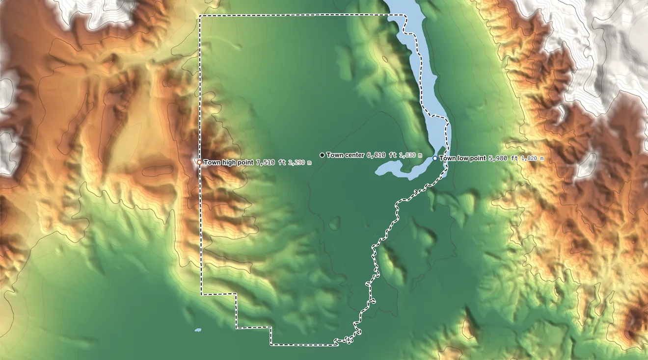 Topographic elevation map of Junction, Utah, shaded from 5,980 ft on the east side to 7,510 ft on the west side