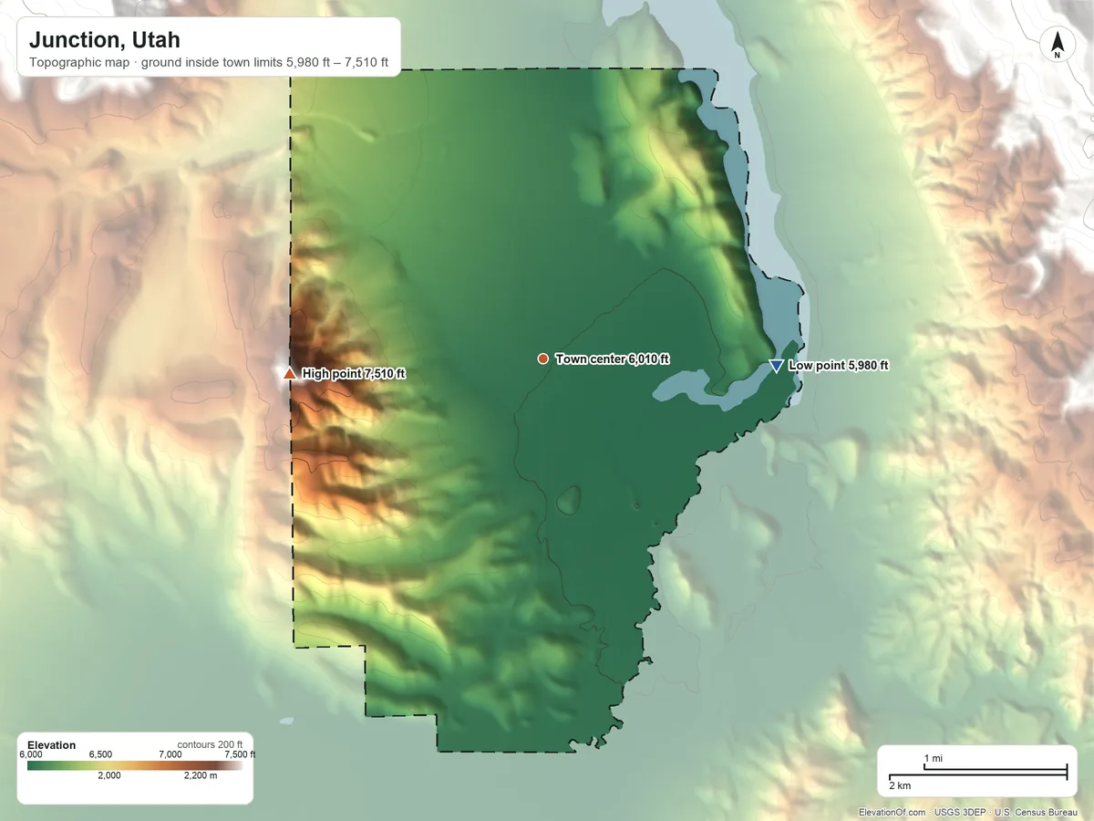 Topographic elevation map of Junction, Utah, shaded from 5,980 ft on the east side to 7,510 ft on the west side