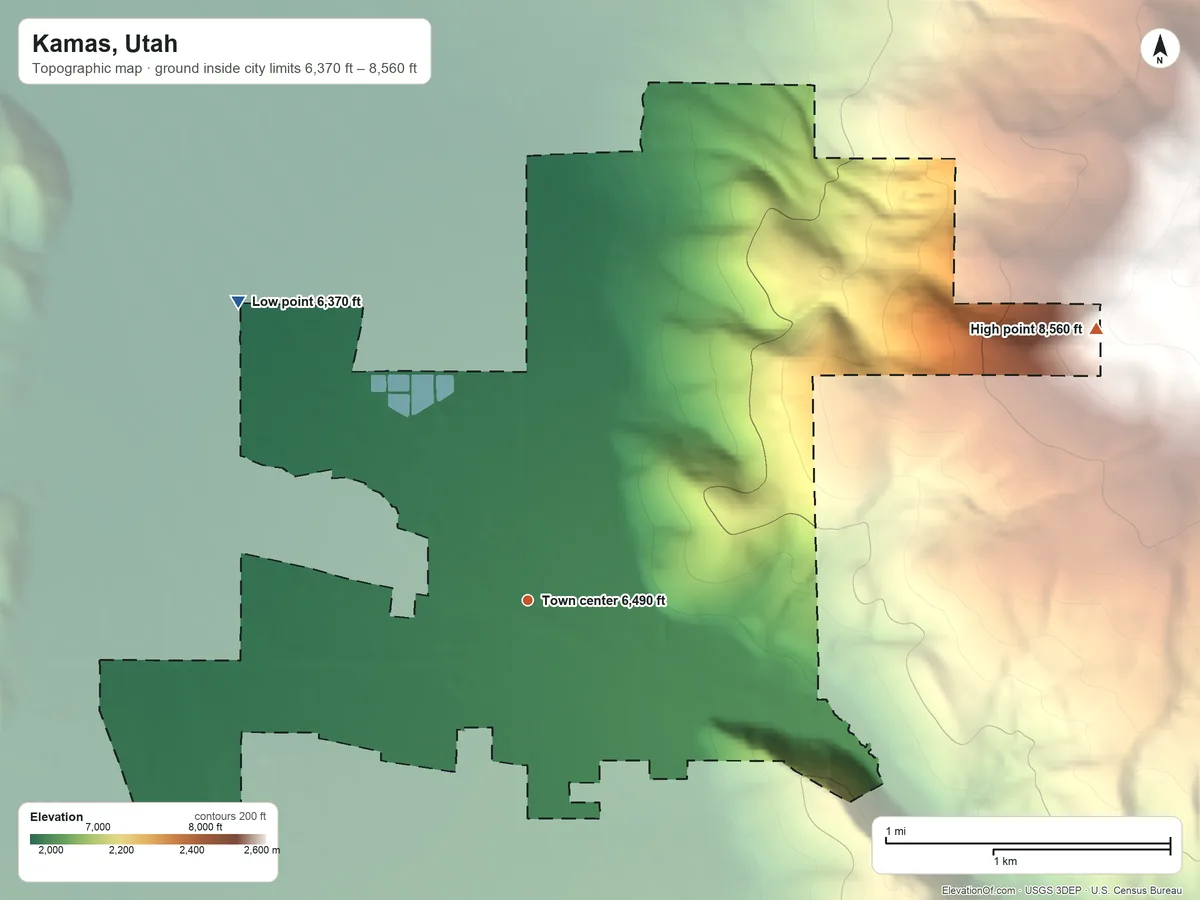 Topographic elevation map of Kamas, Utah, shaded from 6,370 ft on the northwest side to 8,560 ft at the foot of the The West Hills