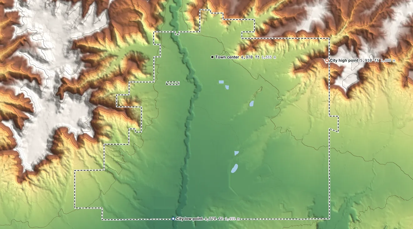 Topographic elevation map of Kanab, Utah, shaded from 4,770 ft on the south side to 5,910 ft on the east side