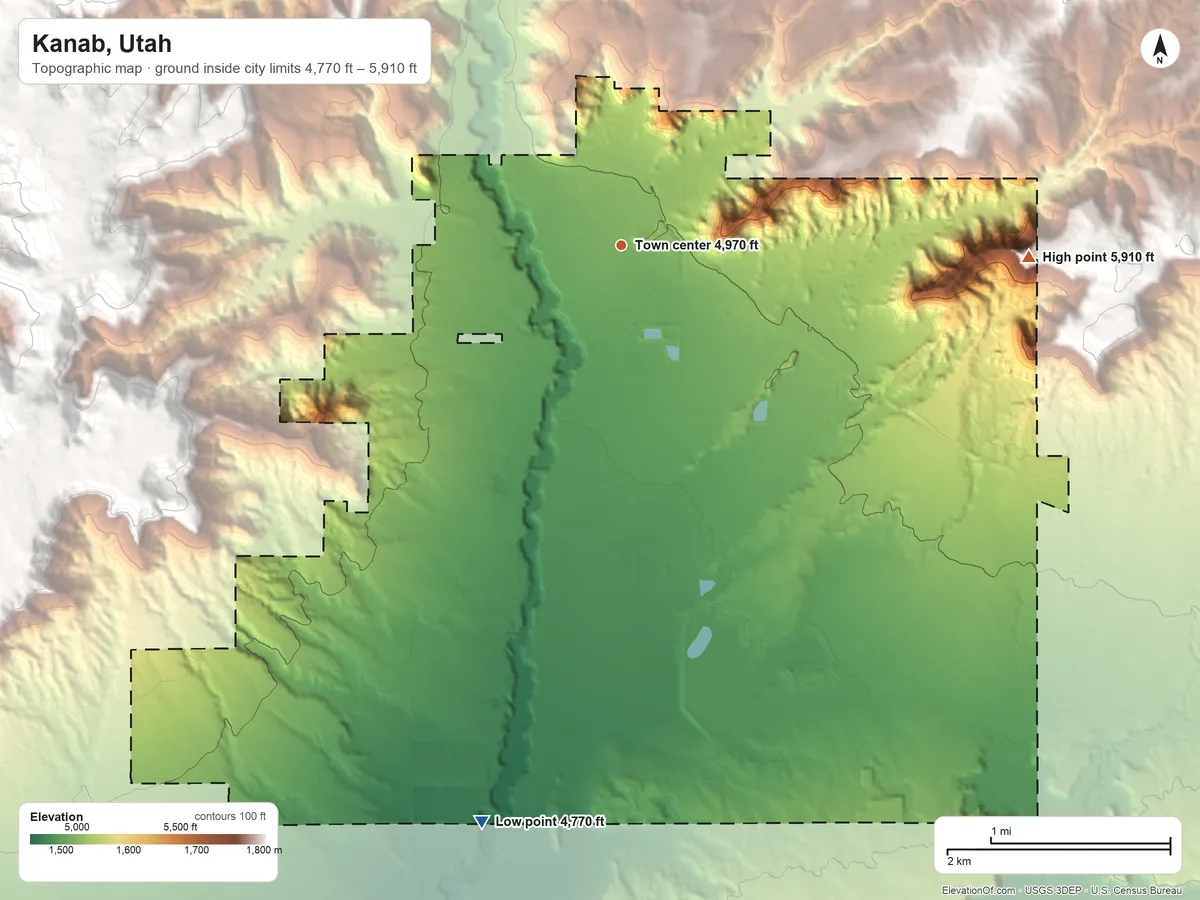 Topographic elevation map of Kanab, Utah, shaded from 4,770 ft on the south side to 5,910 ft on the east side
