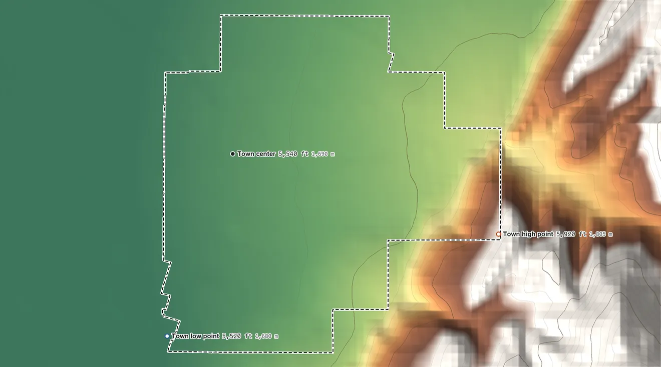 Topographic elevation map of Kanarraville, Utah, shaded from 5,520 ft on the south side to 5,920 ft at the foot of the Harmony Mountains