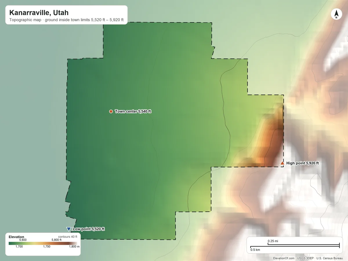 Topographic elevation map of Kanarraville, Utah, shaded from 5,520 ft on the south side to 5,920 ft at the foot of the Harmony Mountains