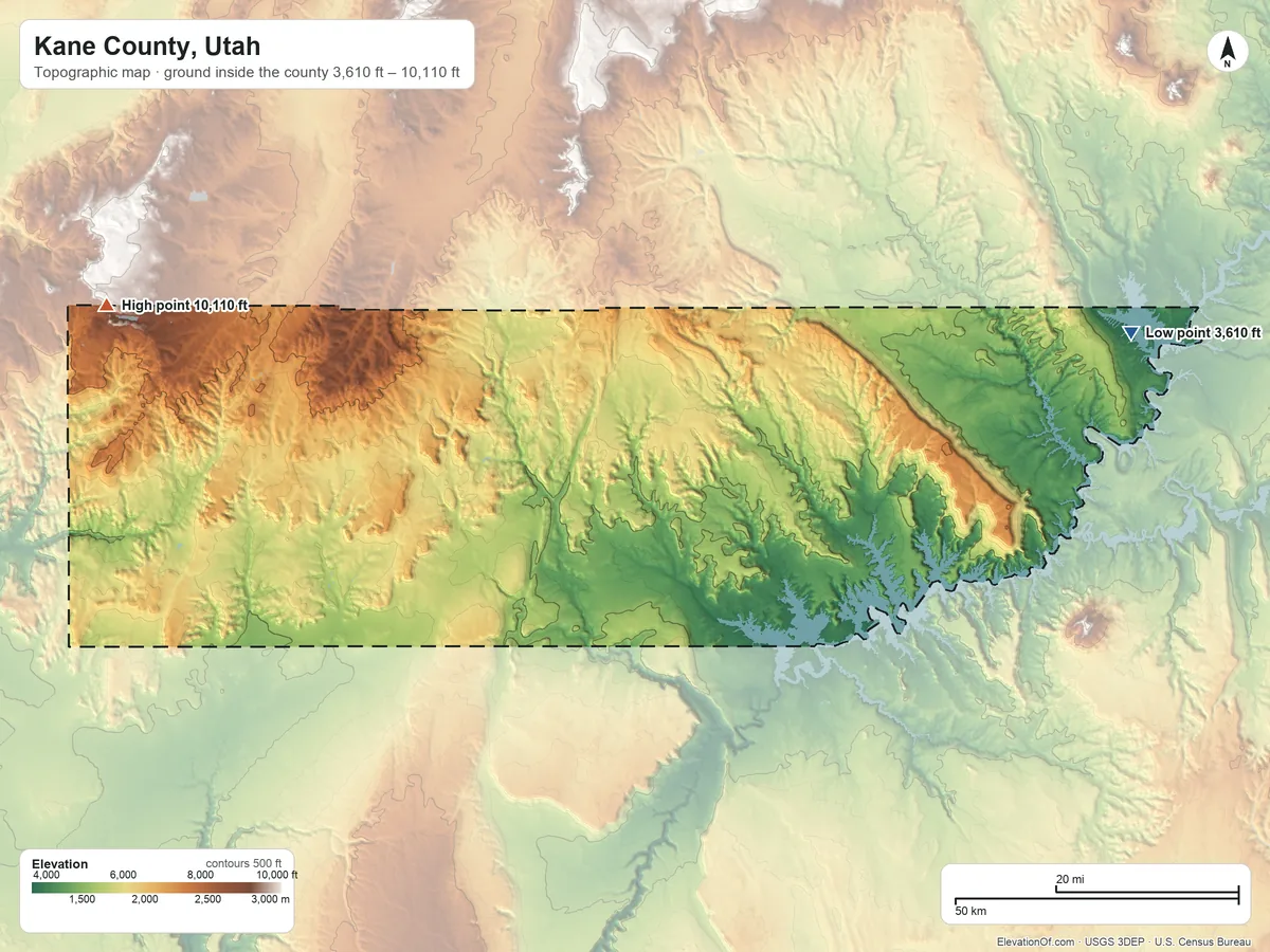 Topographic elevation map of Kane County, Utah, shaded from 3,610 ft on the east side to 10,110 ft on the west side