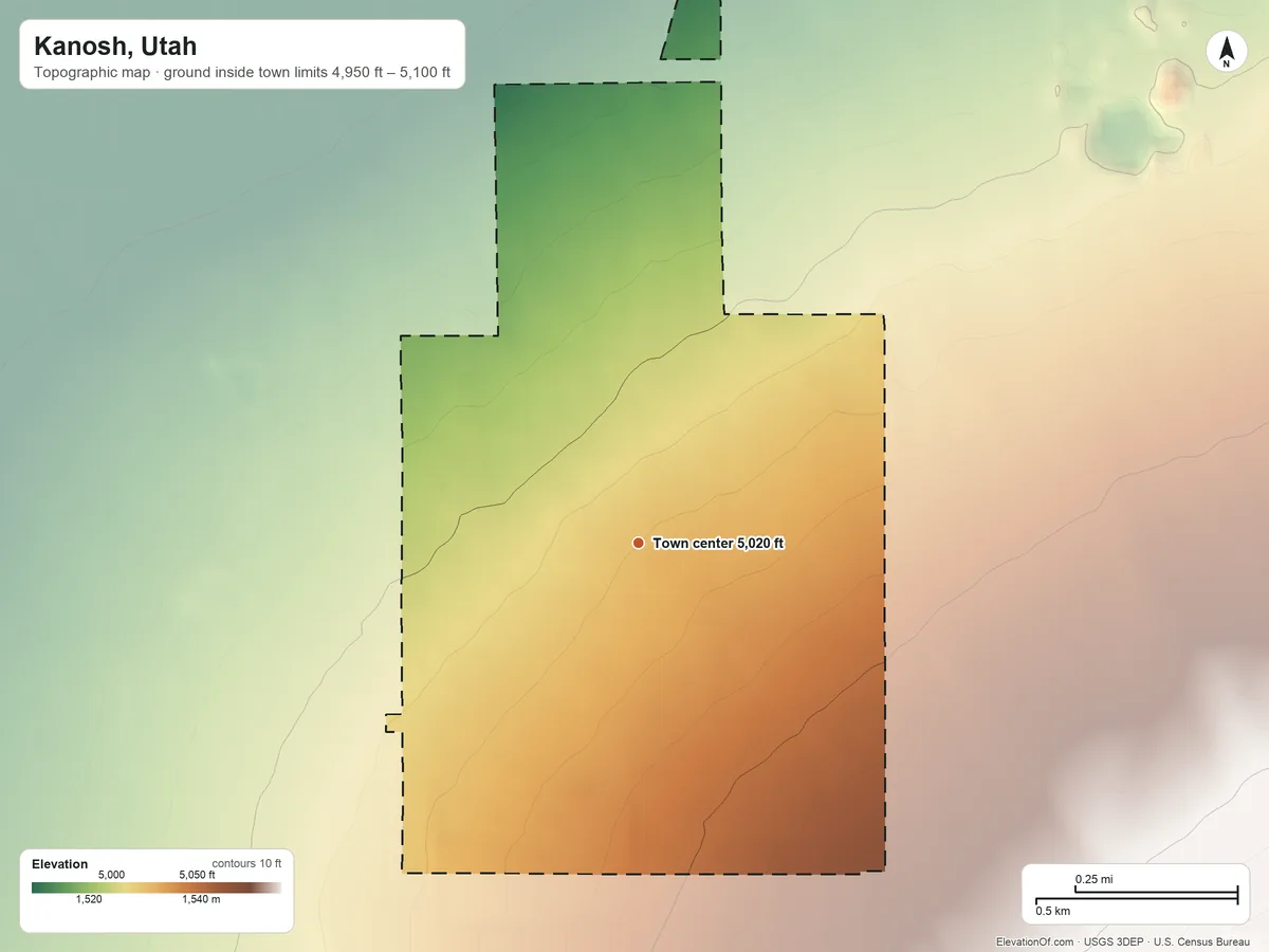 Topographic elevation map of Kanosh, Utah, shaded from 4,950 ft on the north side to 5,100 ft at the foot of the Pahvant Range